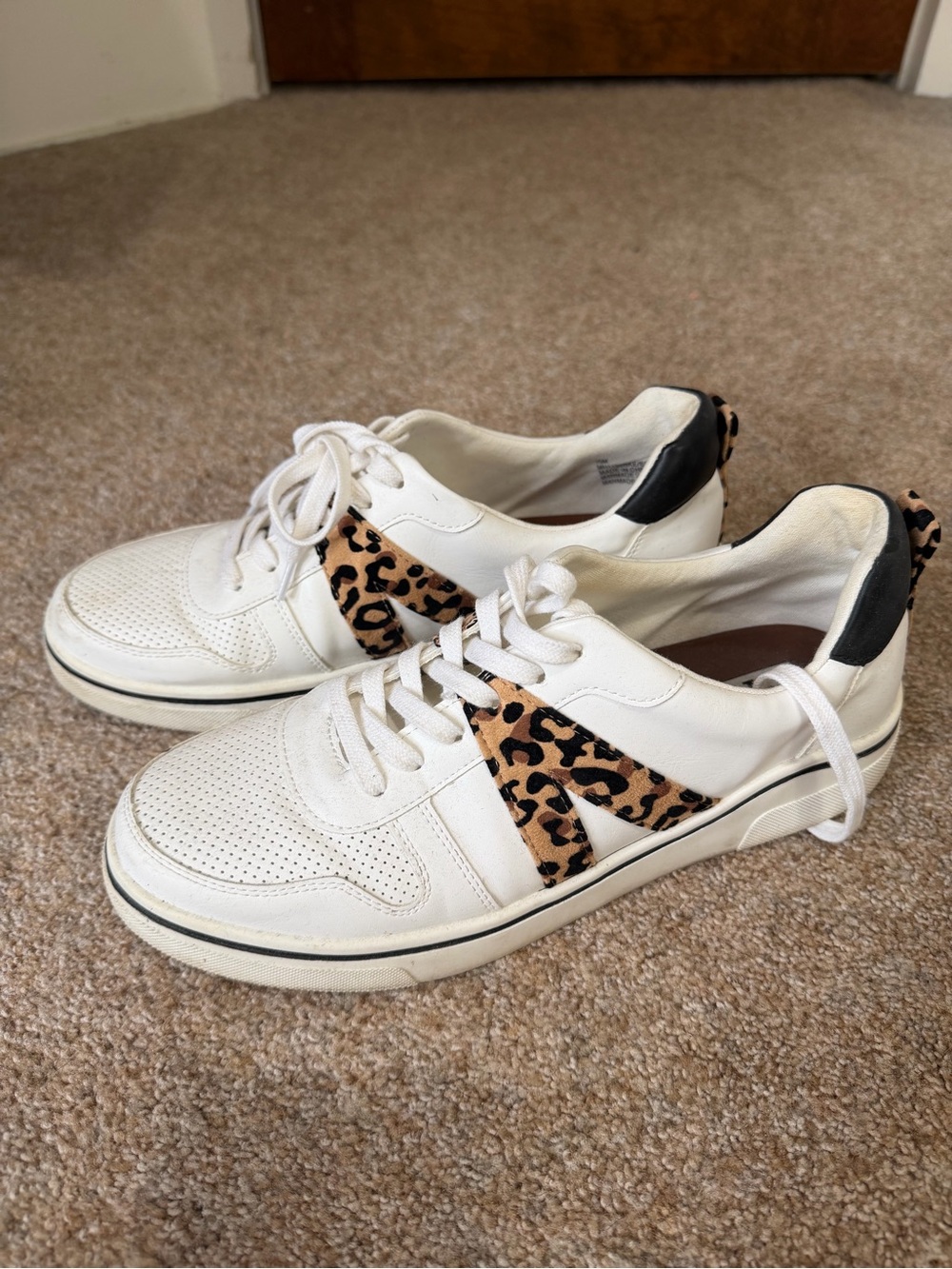 Women's White Leather Sneakers with Leopard Accent